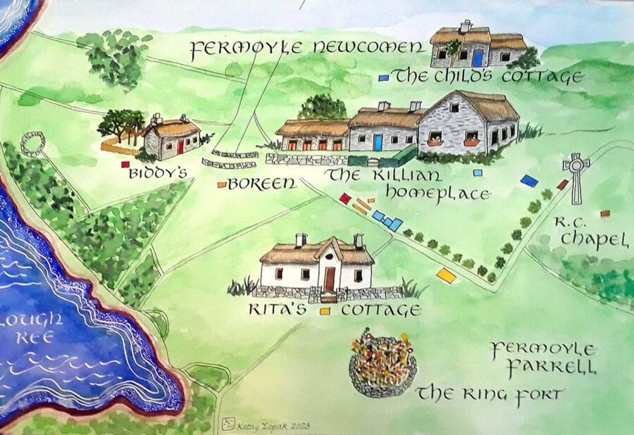 Water Color map of The Killian Homeplace Family History & Genealogy Centre property located in Fermoyle, Lanesborough County Longford, Ireland N39 RY93
